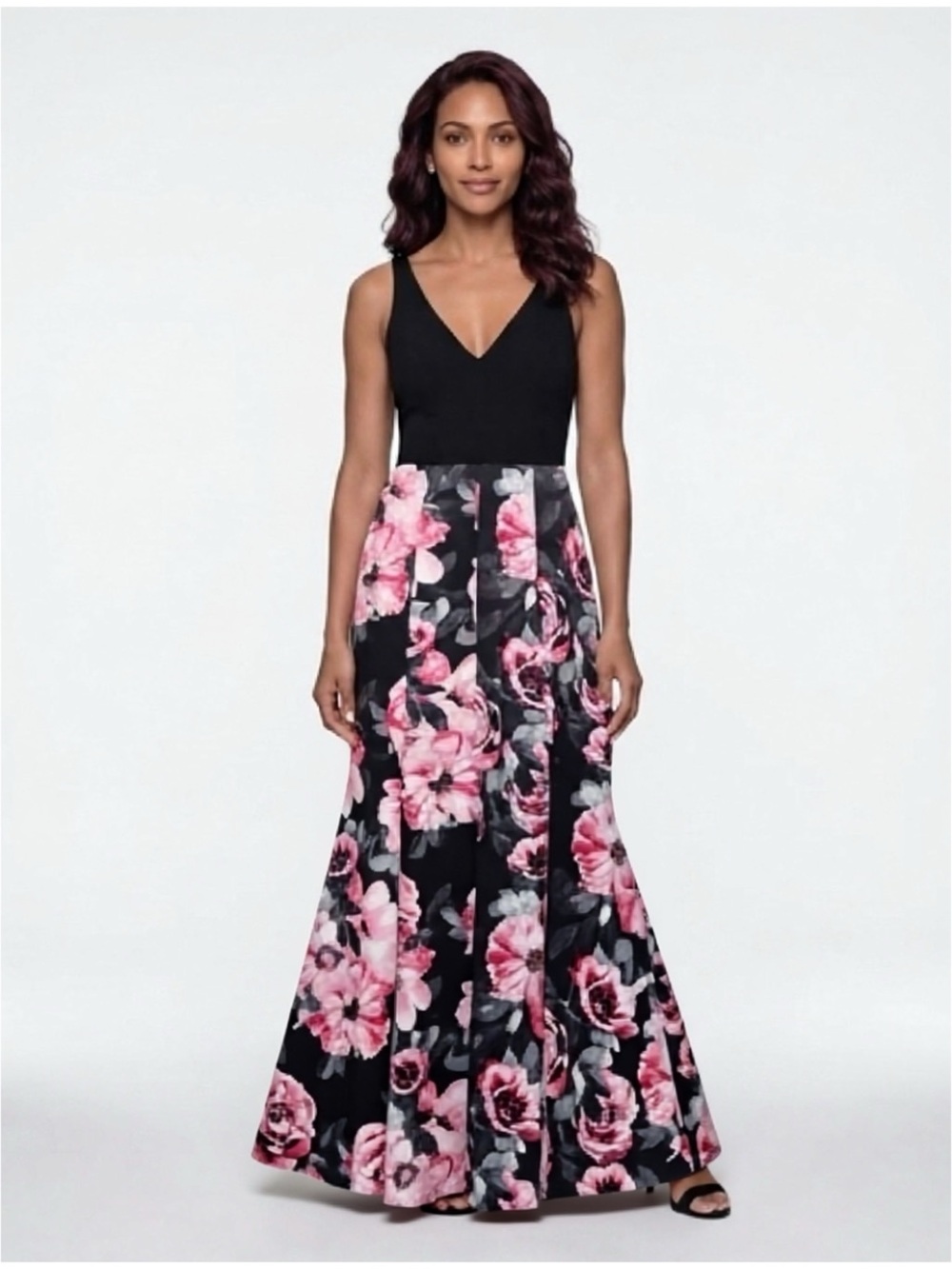 Blondie Nites Black Pink Floral Sz 9 V-Neck Mermaid Gown Formal Wedding Guest